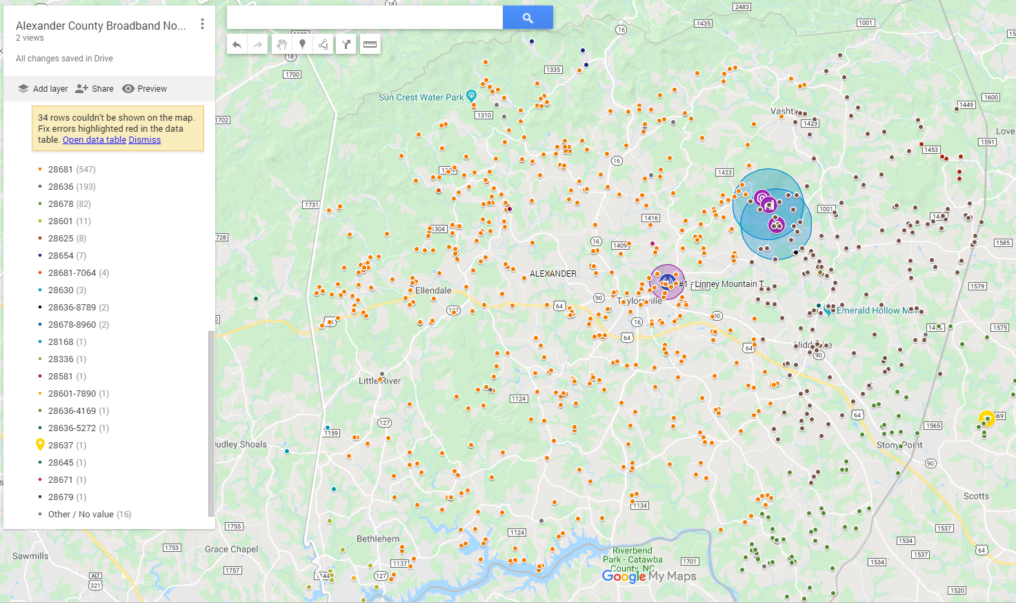 Alexander county Open Broadband wait list map represented by colored dots