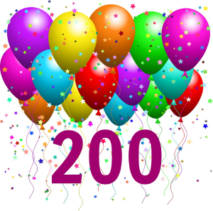 200 with balloons and confetti